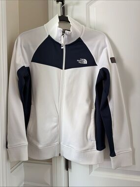 The North Face White and Navy Zip-Up Athletic Jacket/Sweatshirt
